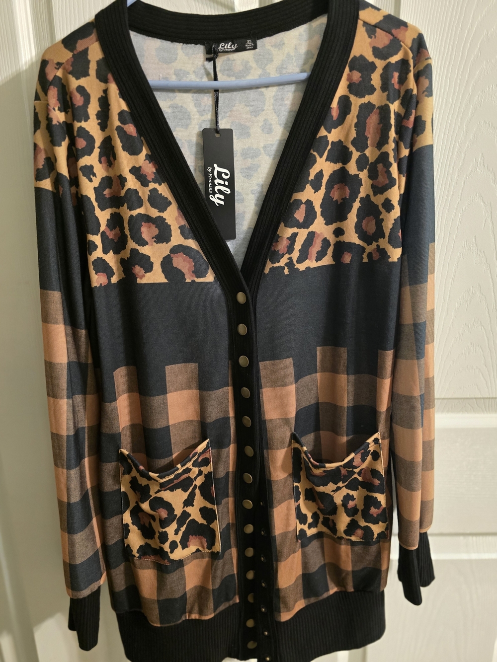 Lily Leopard & Plaid Long Cardigan Sweater - Black & Brown